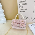 Pink tweed girls princess crossbody bag with pearl handle and bow decoration - Bowknot Style-Blue