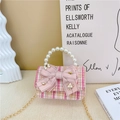 Pink tweed girl's handbag with large satin bow, pearl handle, and gold chain strap - Bowknot Style - Rose Red