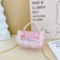 Pink tweed kids handbag with StellaLou character, faux pearl handle and metal chain - XDL Style - Pink