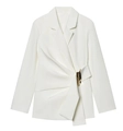 Detail of white blazer featuring asymmetric waist drapery and golden buckle closure - White Top