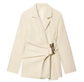Detail of off-white blazer with unique asymmetric fold and gold metallic buckle waist - Apricot Top