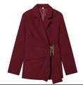 Detail view of burgundy blazer with asymmetric pleats and golden metallic buckle decoration - Wine Red Top