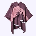 Detail of color-block knitted poncho featuring deep burgundy hues and soft white fringe trim - White Beard Horizontal Stripes Diagonal Lines Wine Red / 130x150cm