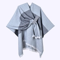 Detail of blue-grey knit shawl with tassel hem and geometric color block design - White Beard Horizontal Stripes And Gray Lines / 130x150cm