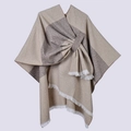 Detail view of earth tone striped shawl with soft knit texture and white fringe tassels - Striped Khaki (White Fringe & Bar)