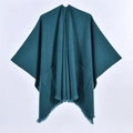 Teal knitted shawl poncho featuring fringe trim and large pockets for women - Pocket Style Dark Green