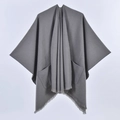 Solid grey women's poncho cape with large pockets and delicate tassel edge trim - Pocket Style Dark Gray
