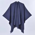Navy blue women's tassel shawl cape with dual front pockets and soft knitted texture - Pocket Style Navy