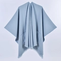 Women's light blue-grey cashmere shawl cape with deep pockets and fringe trim - Pocket Style Light Blue