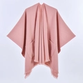 Women's warm dusky pink cashmere-like shawl poncho with pockets and fringe details - Pocket Style Pink