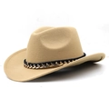 Chapeau de cowboy en feutre de laine kaki classique avec chaîne noire et bords larges - M (56-58 cm) Réglable / Camel