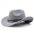 Chapeau de cowboy en feutre gris avec ruban noir et chaîne dorée décorative - M (56-58 cm) Réglable / Gris clair