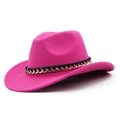 Rose pink wool felt cowboy hat featuring upturned brim and silver chain decorative band - Rose Red