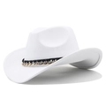 White felt cowboy hat with vintage upturned brim and gold metal chain decoration - White
