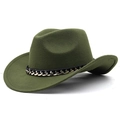 Dark green wool felt cowboy hat featuring a black leather band and gold chain decoration - Army Green