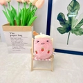 Plush pink strawberry milk tea cup toy sitting on a small wooden beach chair - 11cm / Melon Red (Squint)