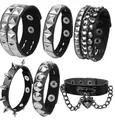 Punk gothic 6-piece set with black PU leather studded bracelets and heart choker - Skull Spikes Rivet Chain Heart And Choker