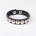 Punk black PU leather bracelet with silver metal studs and double snap button closure - Single Row Round Rivet Style / Black