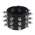 Gothic punk black PU leather cuff bracelet featuring three rows of silver metal spikes - Triple Row Spikes Style / Black