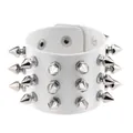 Punk style white wide PU leather bracelet featuring triple rows of silver metal rivets - Triple Row Spikes Style / White
