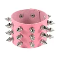 Pink punk faux leather wide bracelet with triple-row silver metal conical spikes - Triple Row Spikes Style / Pink