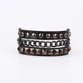 Punk black PU leather bracelet featuring bronze rivets, chain, and gothic skull style - Rivet Chain And Square Stud Compound Style / Black