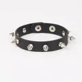 Punk black leather wristband with silver metal cone spikes and snap button closure - Single Row Tapered Spikes Style / Black