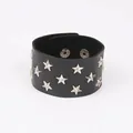 Black punk leather bracelet with silver star studs and double metal snap buttons - Five-Pointed Star Rivet Style / Black