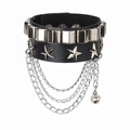 Punk gothic multi-layer black PU leather bracelet with silver studs and chains - Square Stud Star Stud Chain Pendant Style / Black