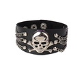 Punk black faux leather wristband with silver skull ornament and metal chains - Large Skull Chain And Rivet Style / Black