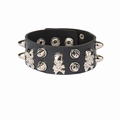 Punk black leather wristband featuring silver studs, spikes, and skull decorations - Triple Skull Spikes And Rivet Style / Black