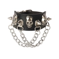 Punk leather choker with silver skull studs and triple metal chains in gothic style - Skull Rivet Triple Tassel Chain Style / Black
