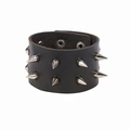 Punk black leather bracelet with double-row silver metal spikes and adjustable buckle - Double Row Tapered Spikes Style / Black