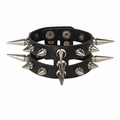Punk gothic black leather bracelet with double layers and silver spiked metal rivets - Hollow Double Layer Spikes Rivet Style / Black