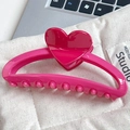 Glossy bright pink heart-shaped hair claw clip on beige fabric pouch for styling - 13cm / Rose Red