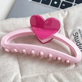 Pink heart claw clip with rose red accent on quilted bag background - 13cm / Pink