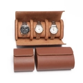 Brown leather watch travel case set with 1-slot and 3-slot storage rolls and soft lining - 3 Slots / Brown Saffiano Pattern