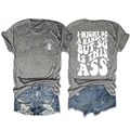 Voor- en achteraanzicht van grijs t-shirt met print en blauwe denim shorts met gaten - S / Donkergrijs (Witte print)