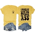 Vorder- und Rückansicht gelbes T-Shirt mit 'I Might Be A Handful' Aufdruck und Jeansshorts - S / Gelb (Schwarzer Druck)