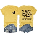 Detailed flat lay of yellow cotton t-shirt with funny duck print and denim shorts - S / Yellow (Black Print)