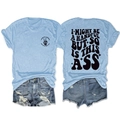 Detailansicht der Vorder- und Rückseite des hellblauen T-Shirts mit Wellen-Kunstdruck - S / Hellblau (Schwarzer Druck)