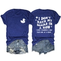 Front and back view of navy cotton T-shirt with white duck print and slogan - S / Retro Blue (White Print)