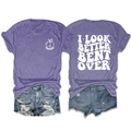 Front and back view of purple textured t-shirt with I LOOK BETTER BENT OVER slogan - Purple (White Print)
