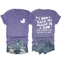 Detailed front and back view of purple T-shirt with funny ducks and squirrels text print - S / Purple (White Print)
