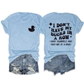 Front and back view of light blue cotton t-shirt with funny ducks in a row print - S / Light Blue (Black Print)