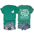 Detailed front and back view of a dark green t-shirt with ducks and humorous text - S / Dark Green (White Print)