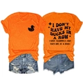Flat lay of an orange crewneck T-shirt with black duck logo and artistic back slogan - S / Orange (Black Print)