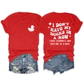 Flat lay of red cotton t-shirt with funny ducks print and ripped blue denim shorts - S / Red (White Print)