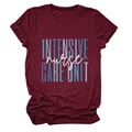 Close-up of Intensive Nurse Care Unit text print on soft burgundy cotton t-shirt - Burgundy
