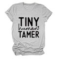 Detail of grey cotton T-shirt featuring TINY human TAMER black letter print design - S / Black Font / Light Gray